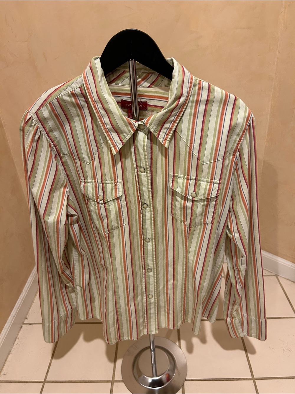 Sundance Mint Green Striped Button-Down Shirt with Red & Cream Accents